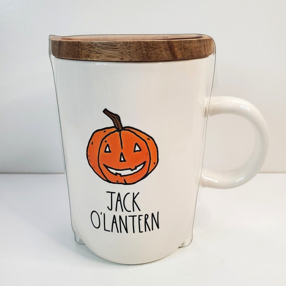 Rae Dunn Halloween "JACK O'LANTERN" Pumpkin Mug With Wooden Coaster Lid New